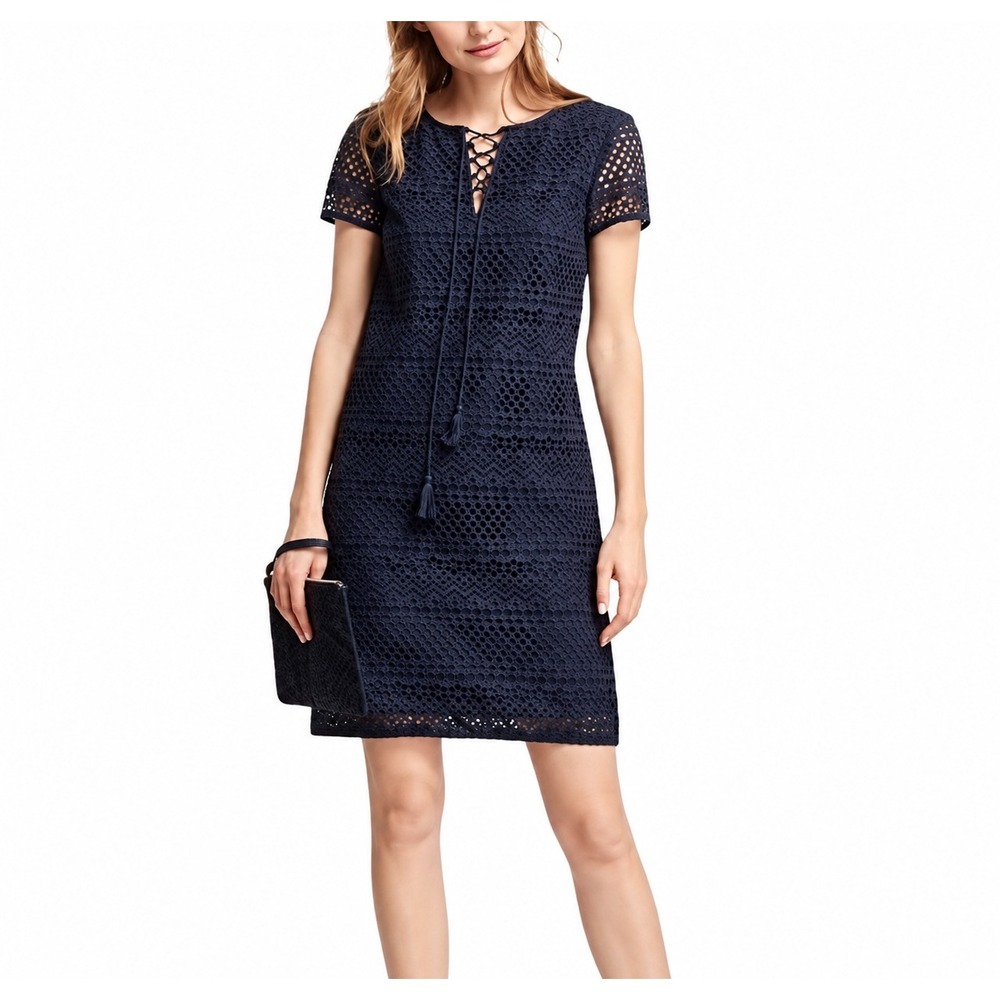 Brooks Brothers Red Fleece Navy Blue Eyelet Lace Up Tassel Shift Dress 4